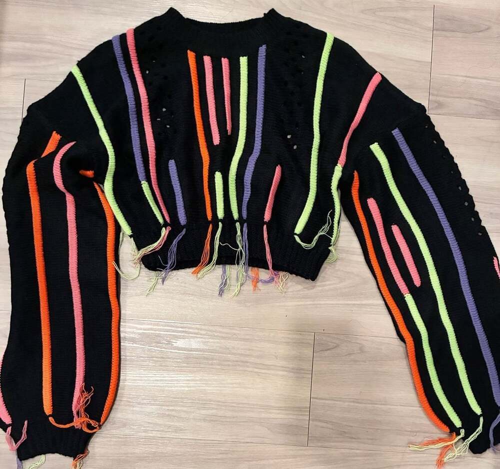 Women’s Stripe Fringe Crop Knit Sweater Size S Black Multi